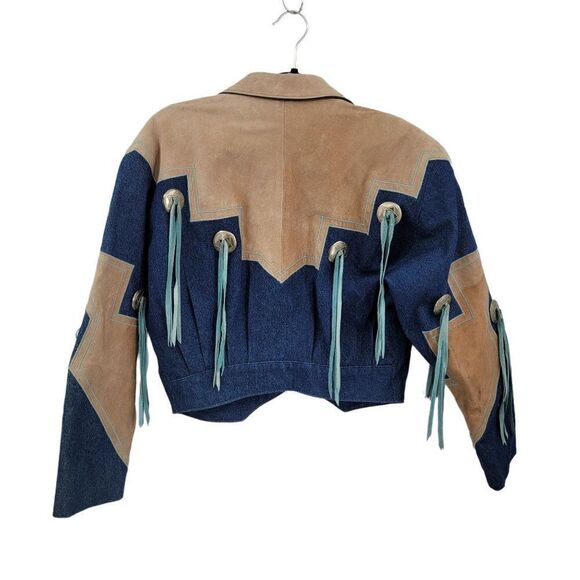 Vtg 80s Rare Denin Western Rodeo Jacket Sz S Cowgirl Chic Conchos Fringe Funky - Picture 3 of 14